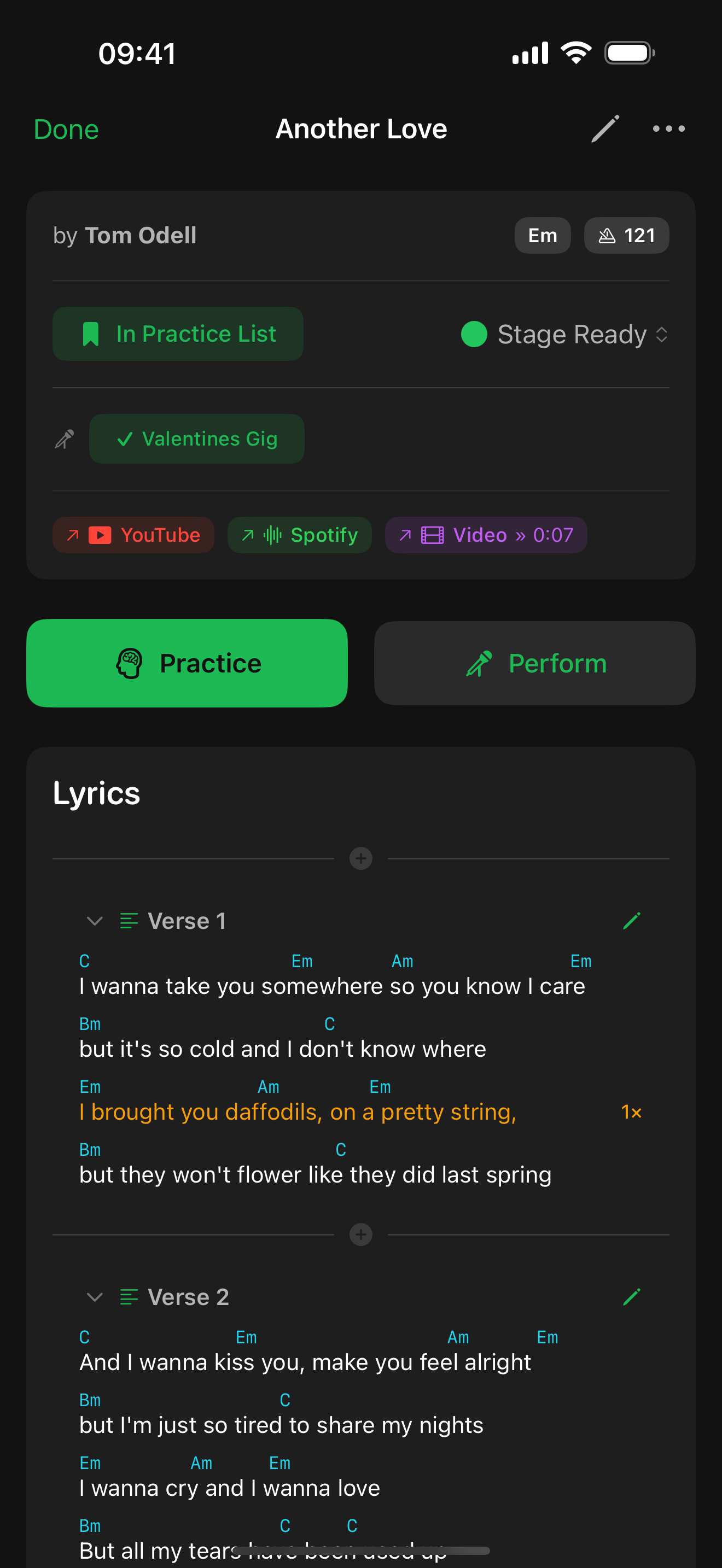 Song detail — lyrics, key, BPM