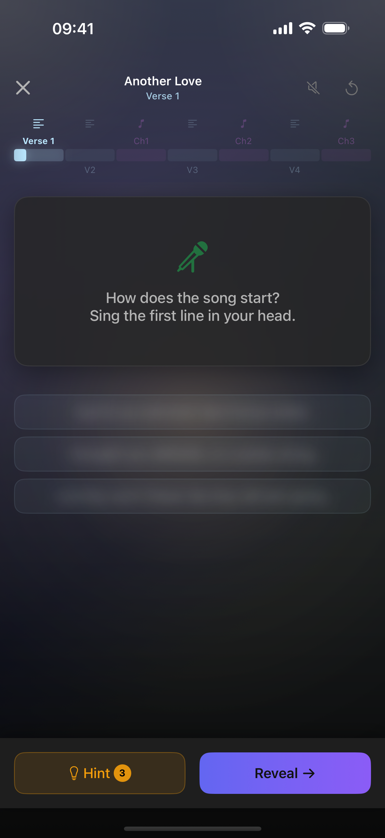 Practice mode showing a lyrics prompt