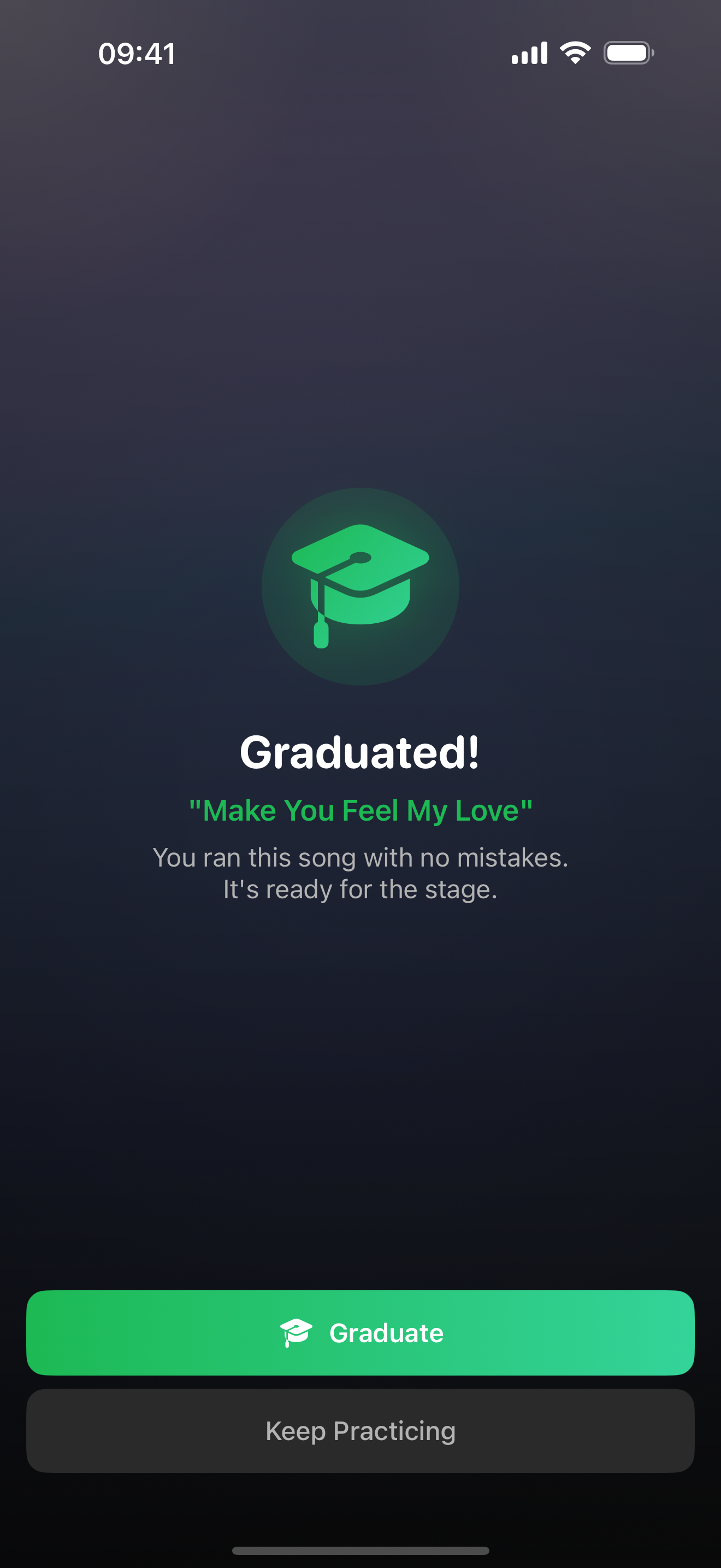 Song graduated — stage ready