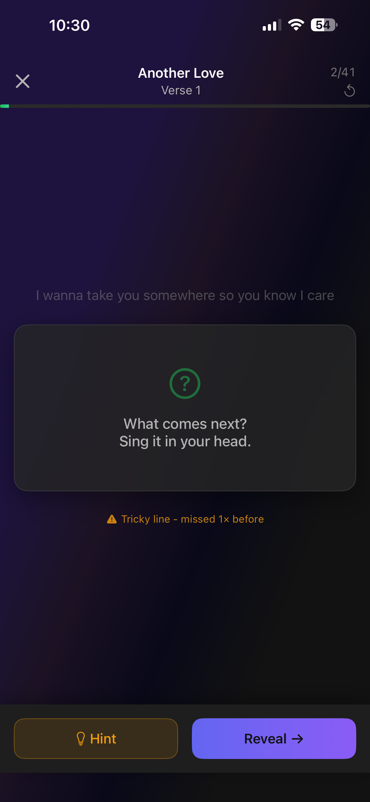 Practice mode showing a lyrics prompt